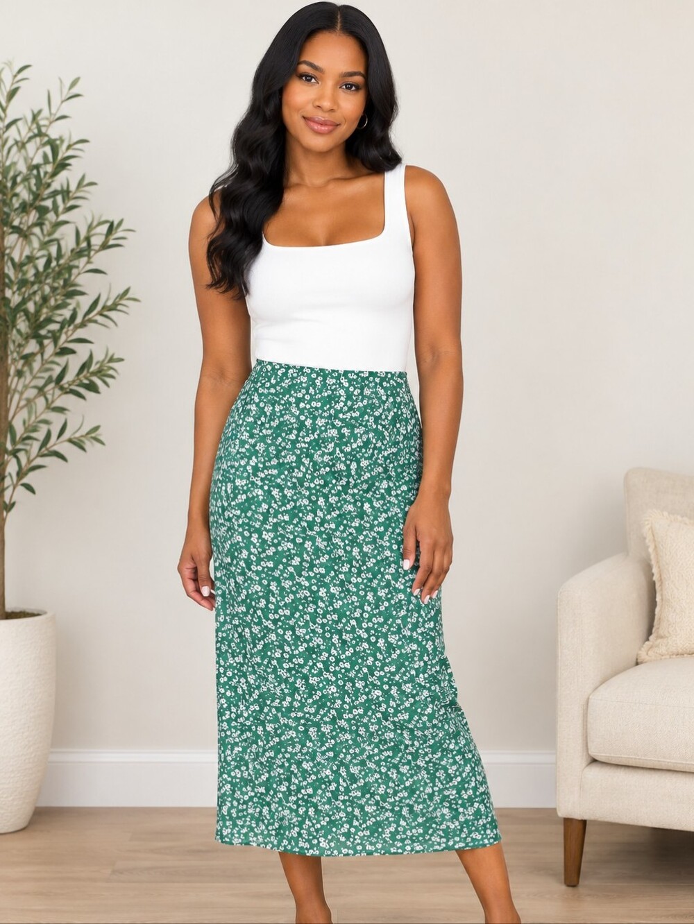 Zara Green and White Medium Floral Midi Skirt